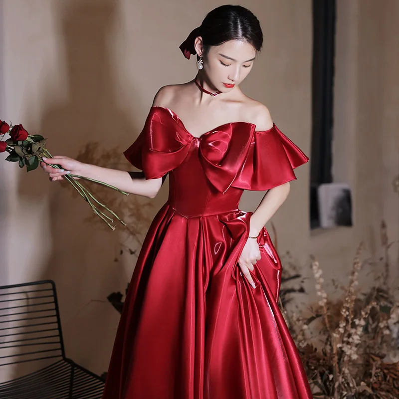 

Red Off Shoulder Evening Dress Women Big Bow Bandage A-line Wedding Dresses Exquisite Elegant Modern Banquet Prom Gown