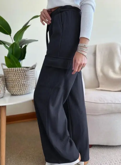 Autumn Solid Color High Waist Belt Straight Leg Pants for Women's Casual Versatile Workwear Corduroy Straight Leg Pants