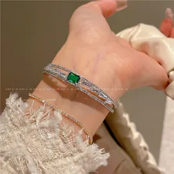 CC Open Bangle Imitation Emerald Silver Color Cuff Bracelet High Quality Zirconia Sparkly Jewelry Girls Daily Wear Party J852