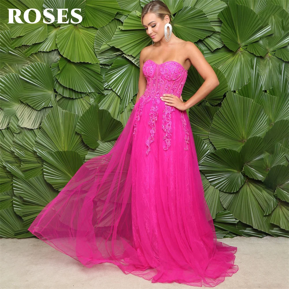 

ROSES Sweetheart Neck Long Party Dresses Vintage Appliques Lace Night Dresses Beach Sequin Celebrity Dresses vestidos de fiesta