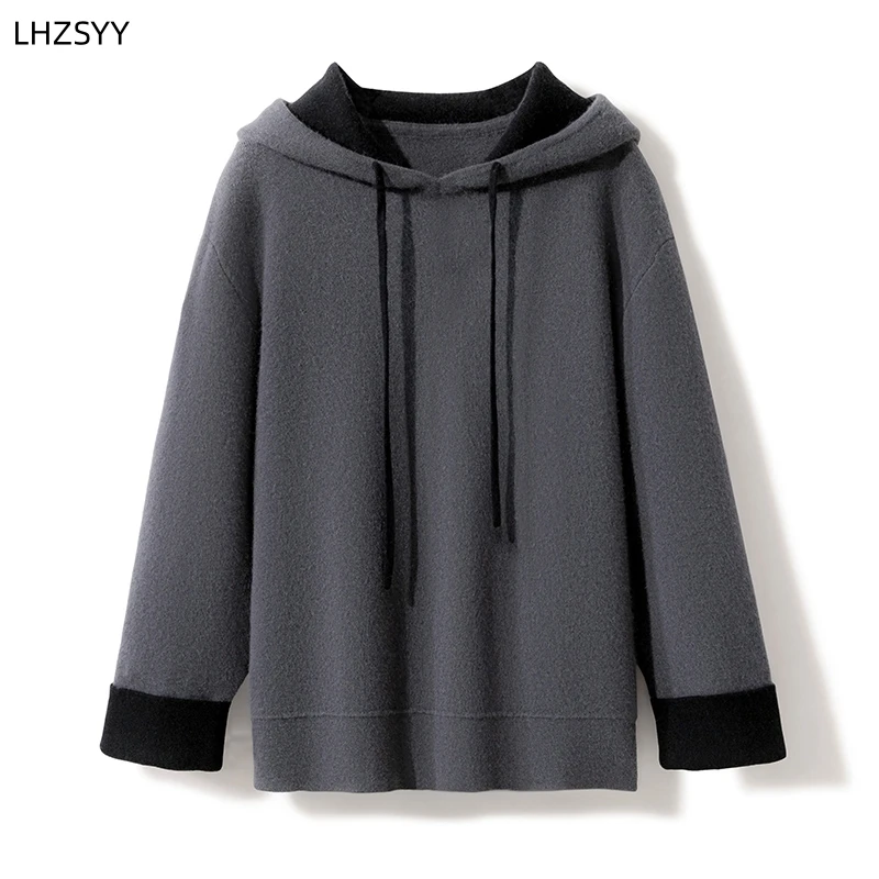 LHZSYY 100% Pure Cashmere Hooded Sweater Winter New Ladies\' Knit Pullover High-end Large size Jacket Color Matching Thick Hoodie