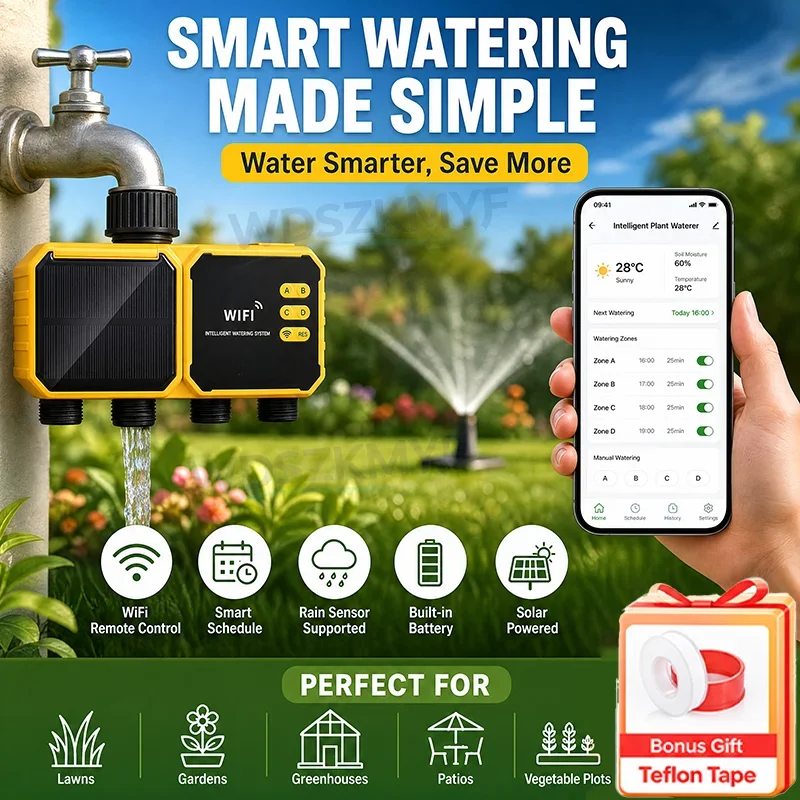 Smart 2/4 Zones Solar Powered WiFi Irrigation Timer APP Programmable Automatic Water Controller Rain Delay for Outdoor Garden