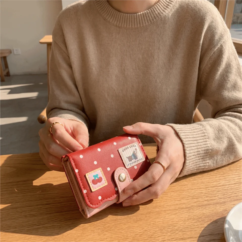 Portable Sweet Polka Dot Trifold Wallet Pu Leather Little Dog
