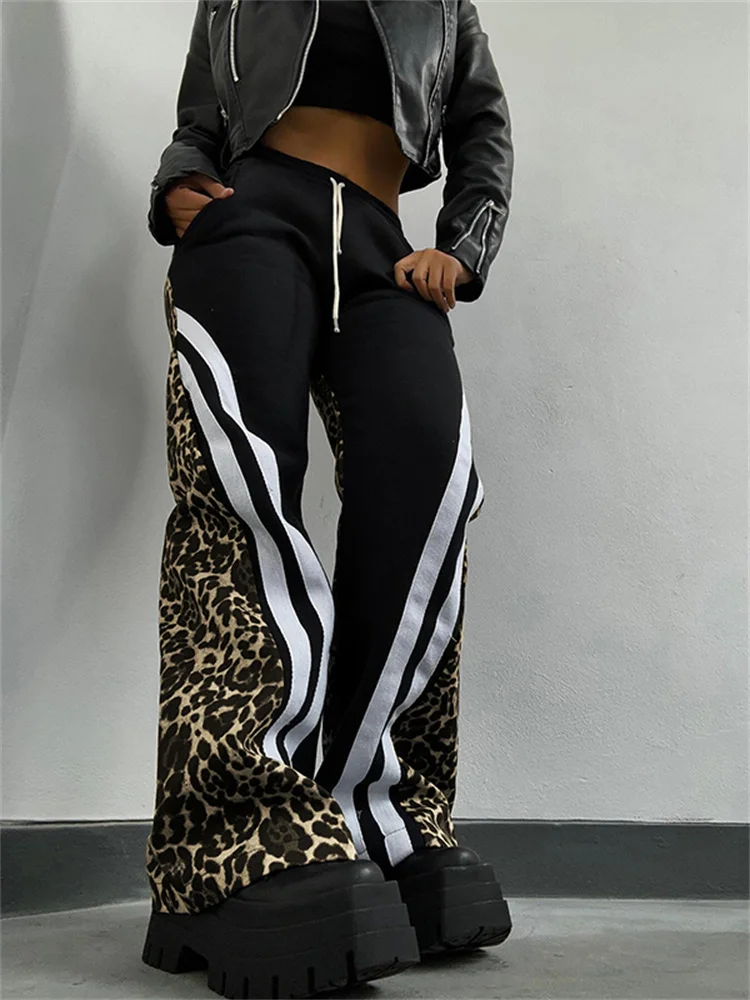 Macheda Stripe Patchwork Flare Pants Women 2025 New Trend Leopard Print Pocket Casual Street Wild Classic Sweatpants Trousers