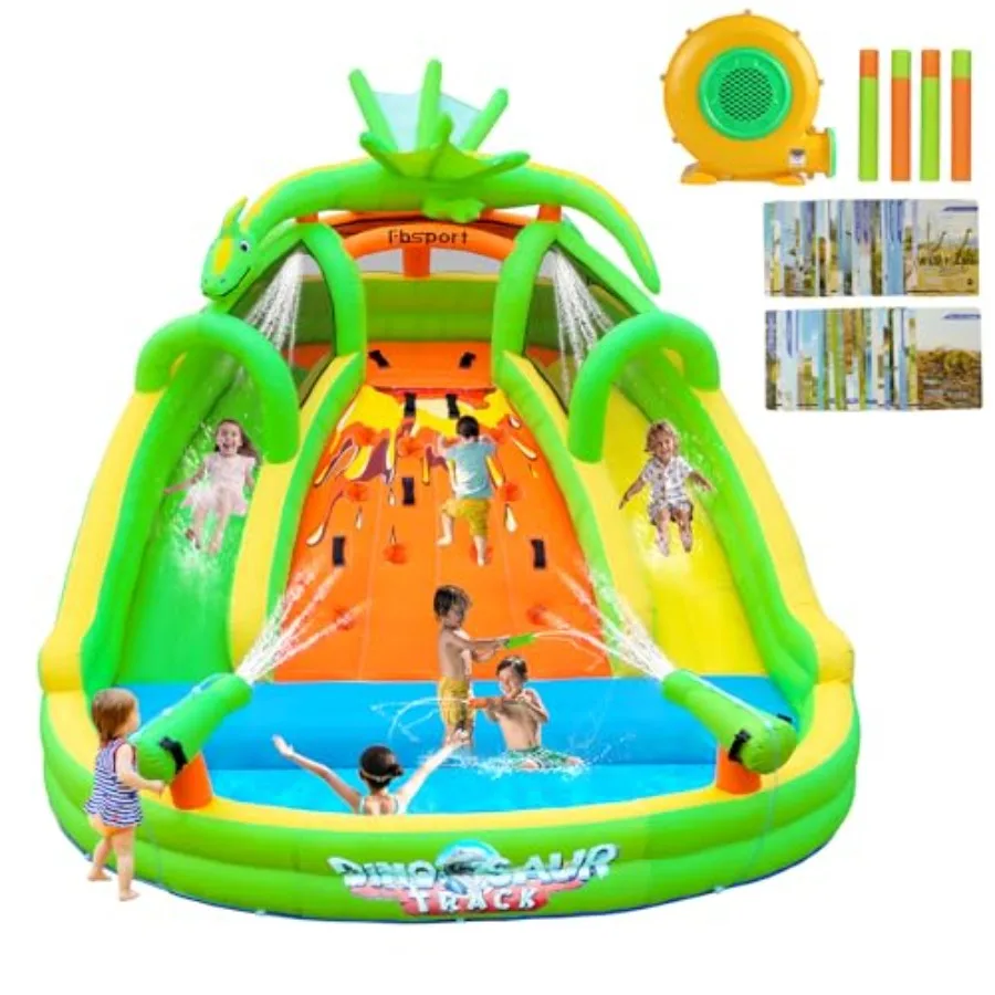 

Indoor/outdoor inflatable bounce house for kids: PVC material blue/red color includes slide climbing wall water guns and blower