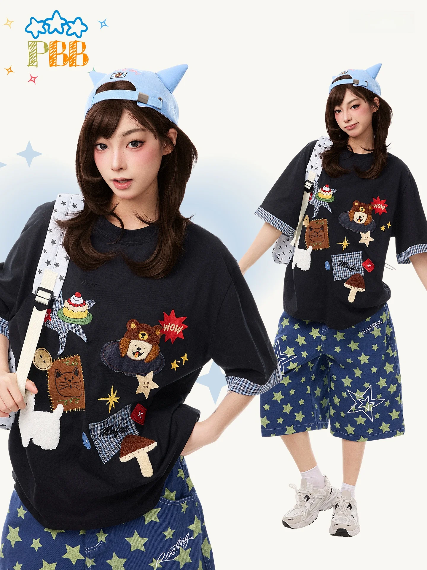 

PBB American Style Casual Cartoon Embroidery Short Sleeve Loose Overhead T-Shirt Women Summer Comfortable Vintage Cotton Top