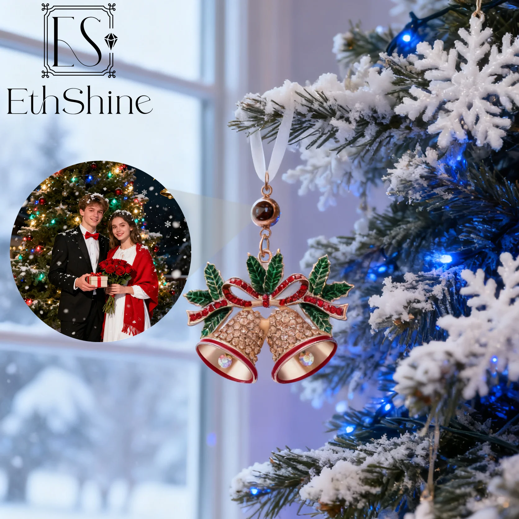

Creative Christmas Tree Ornaments Projection Photo Pendant Rhinestone Bell Car Pendant for Women Family Memorial Christmas Gifts
