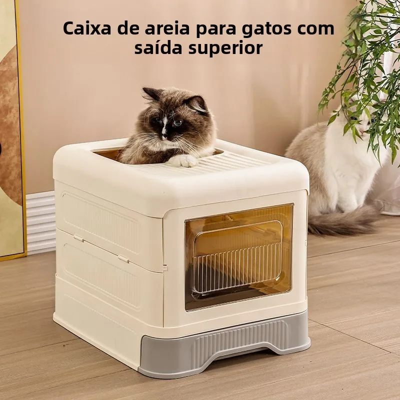 Caixa de Areia para Gatos de Tamanho Grande, Totalmente Fechada, com Gaveta Oculta, Tampa Quadrada Anti-respingo e Saída Exte...