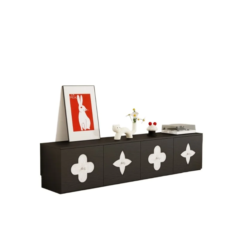 

Black four-leaf clover shell medieval floor-type TV cabinet integrated living room sofa side cabinet retro wind cabinet