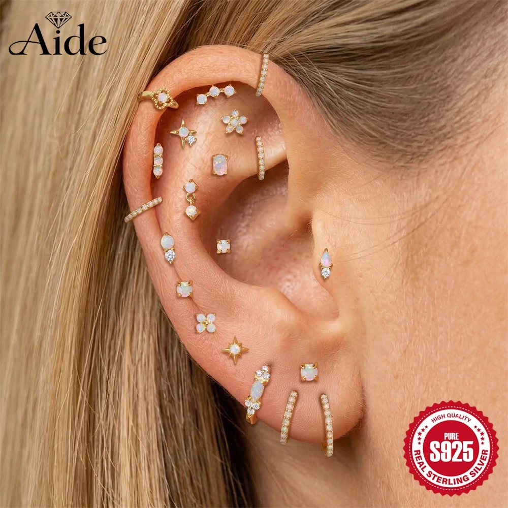 AIDE 925 Sterling Silver Multi Size Star Flower Australian Opal for Women Flat Head Piercing Earrings Exquisite Cute Gifts
