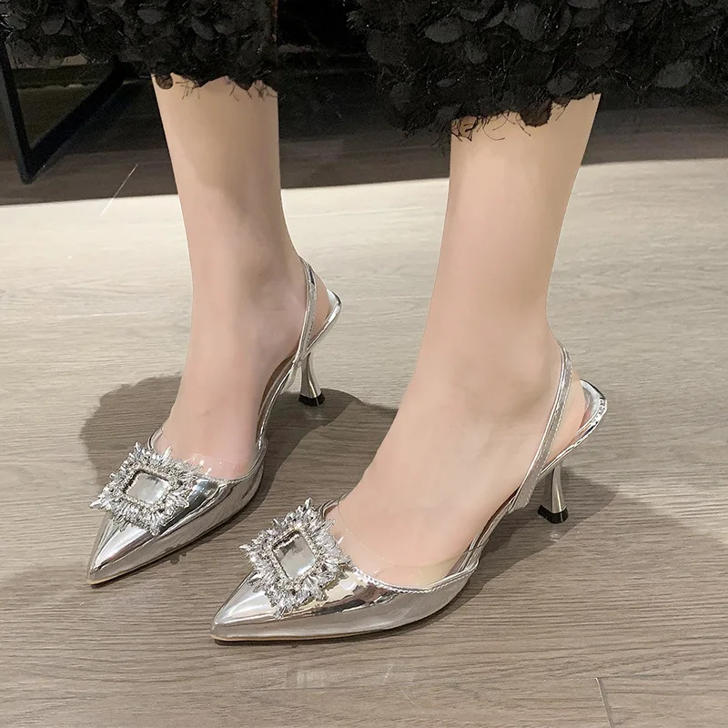 Silver Crystal Pumps Women 2024 Spring Summer Pointed Toe High Heels Shoes Woman Back Strap Stiletto Heeled Party Sandals Shoes