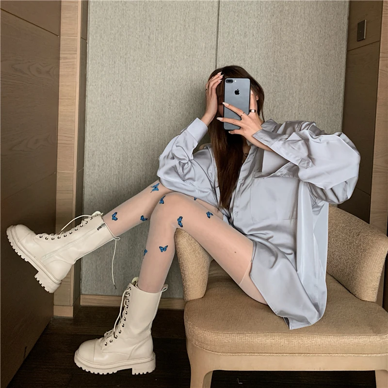 Summer Thin Silk Stockings Blue Butterfly Female Black Screen Red Sexy INS Fashionable Legs Plastic Anti Hook Jk Socks