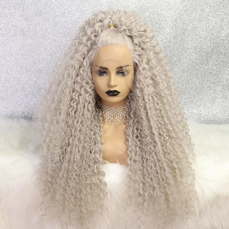 Fashion Light Grey Blonde Lace Front Wigs Glueless Kinky Curly Synthetic Wigs view 2