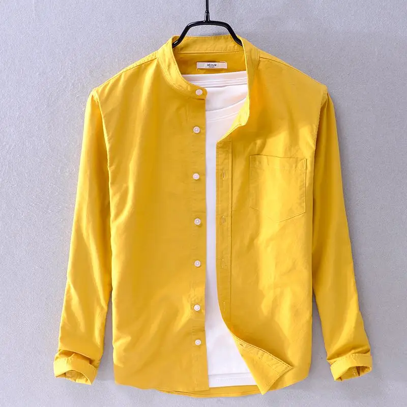 Spring Autumn New Solid Color Fashion Stand Collar Shirt Man High Street Casual Loose Button Long Sleeve Pure Cotton Cardigan