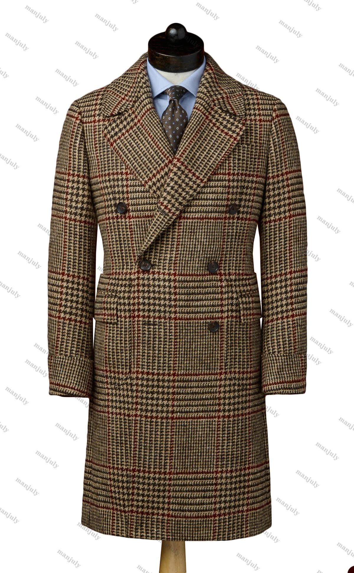 Winter Check England Style Woolen Overcoat Men Thick Custom Made Vintage Double Breasted Coat Casual Warm Coat Plus Size