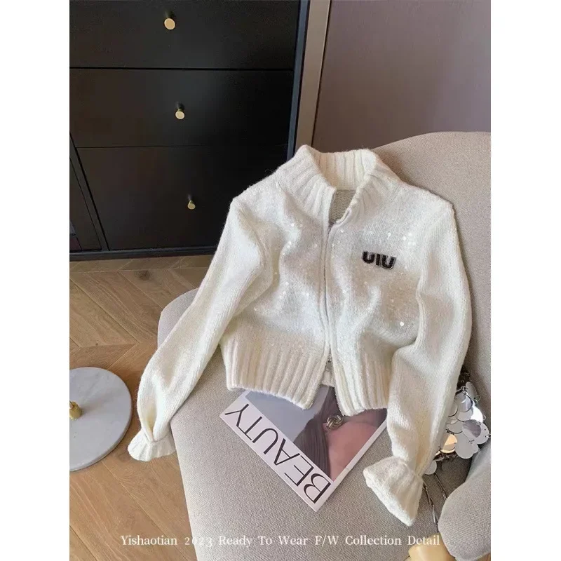 Fashionable Embroidered Letter Knitted Cardigan Women's Early Spring Sensibility Cropped Sweater Bright Sequin Heavy Work