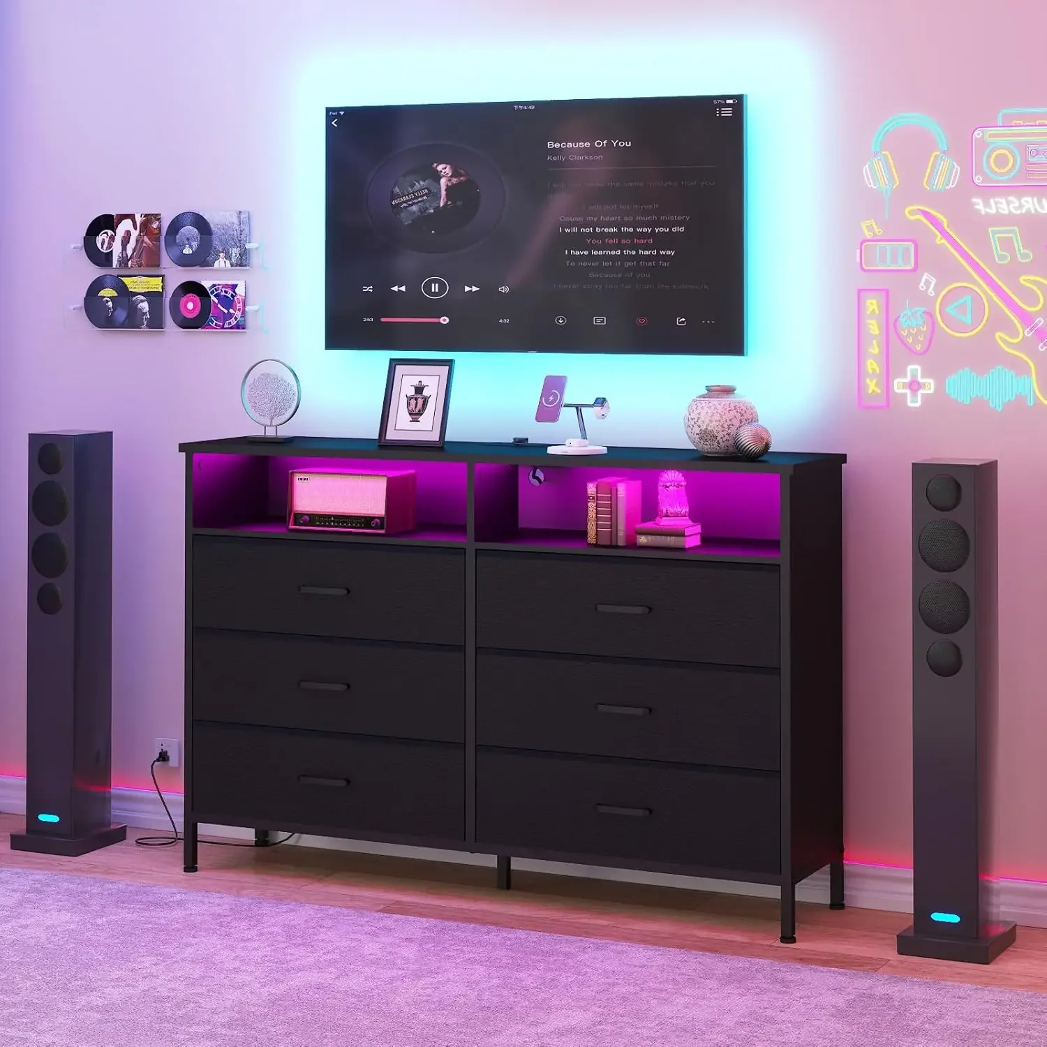 bedroom, Fabric Black Bedroom Dresser with LED Lights and Charging Station, 6 Long Drawers Dresser, Tall Wide Chest