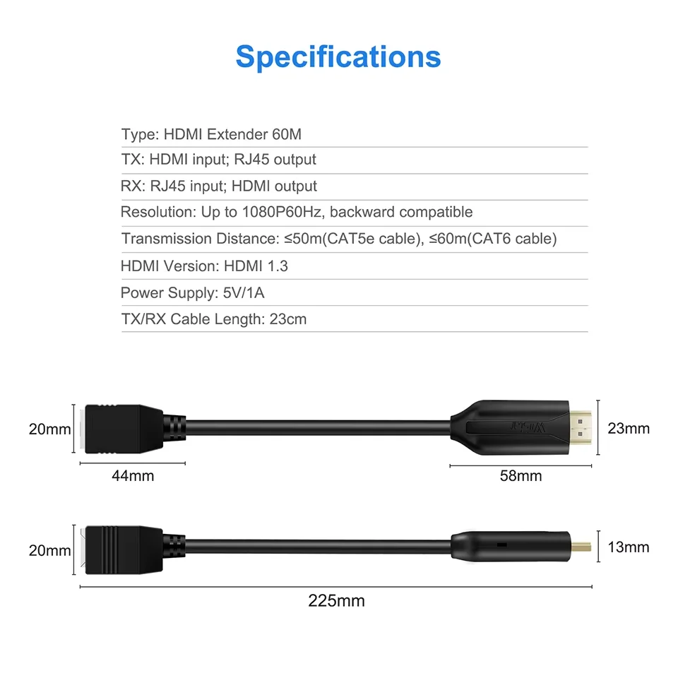 HDMI Extender to RJ45 Over CAT 5e/6 Network LAN Ethernet Cable Adapter 1 Pair HD Transmitter Receiver 1080P for HDTV
