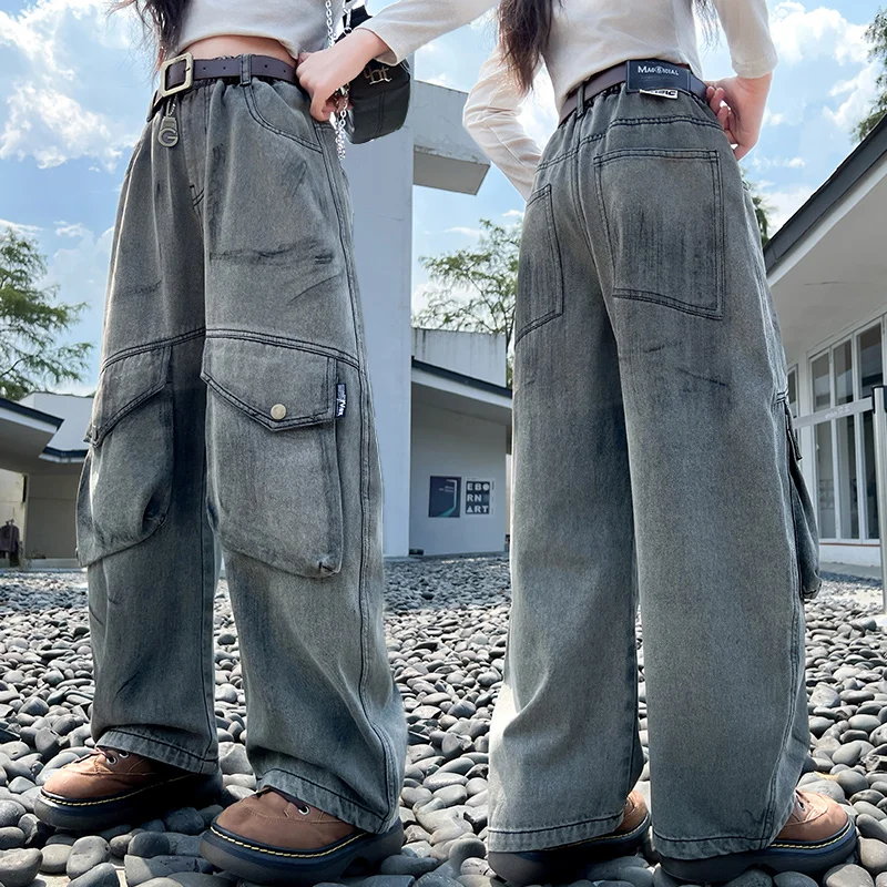 

High Fashion Children Distressed Cargo Jeans with Belt For Teens Girl Loose Casual Pocket Denim Pants Kids Heavy Jeans Trousers