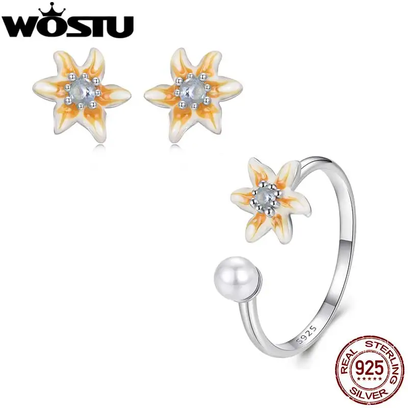 WOSTU 925 Sterling Silver Lovely Yellow Zircon Flower Pearl Open rings Spring Jewelry Gift For Family Daughter Girl Mom CQE1863