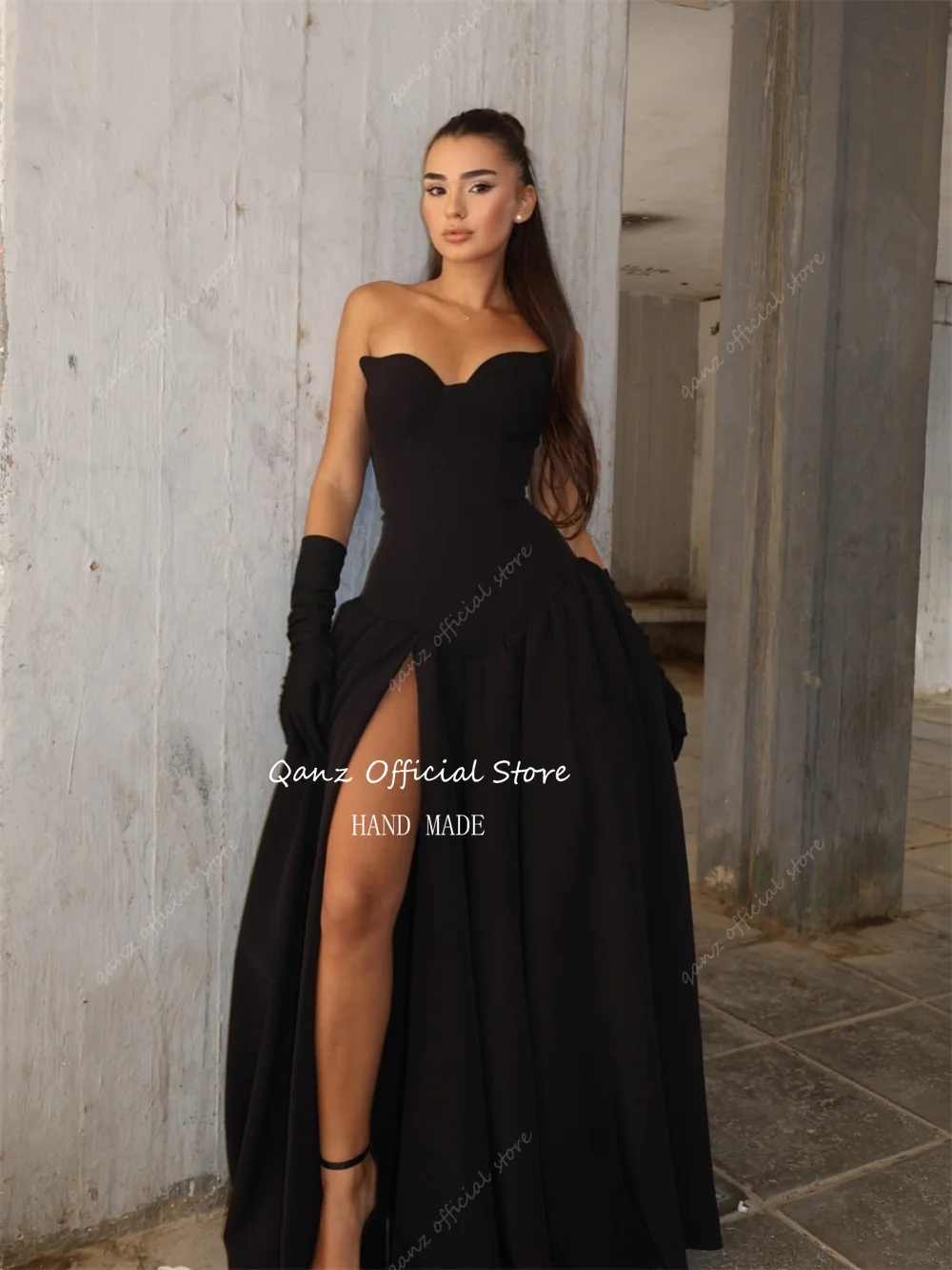 Qanz Vintage noir Satin Robes De Soirée chérie haute fente Robes De Soirée longue une ligne femmes robes Para Mujer personnalisé