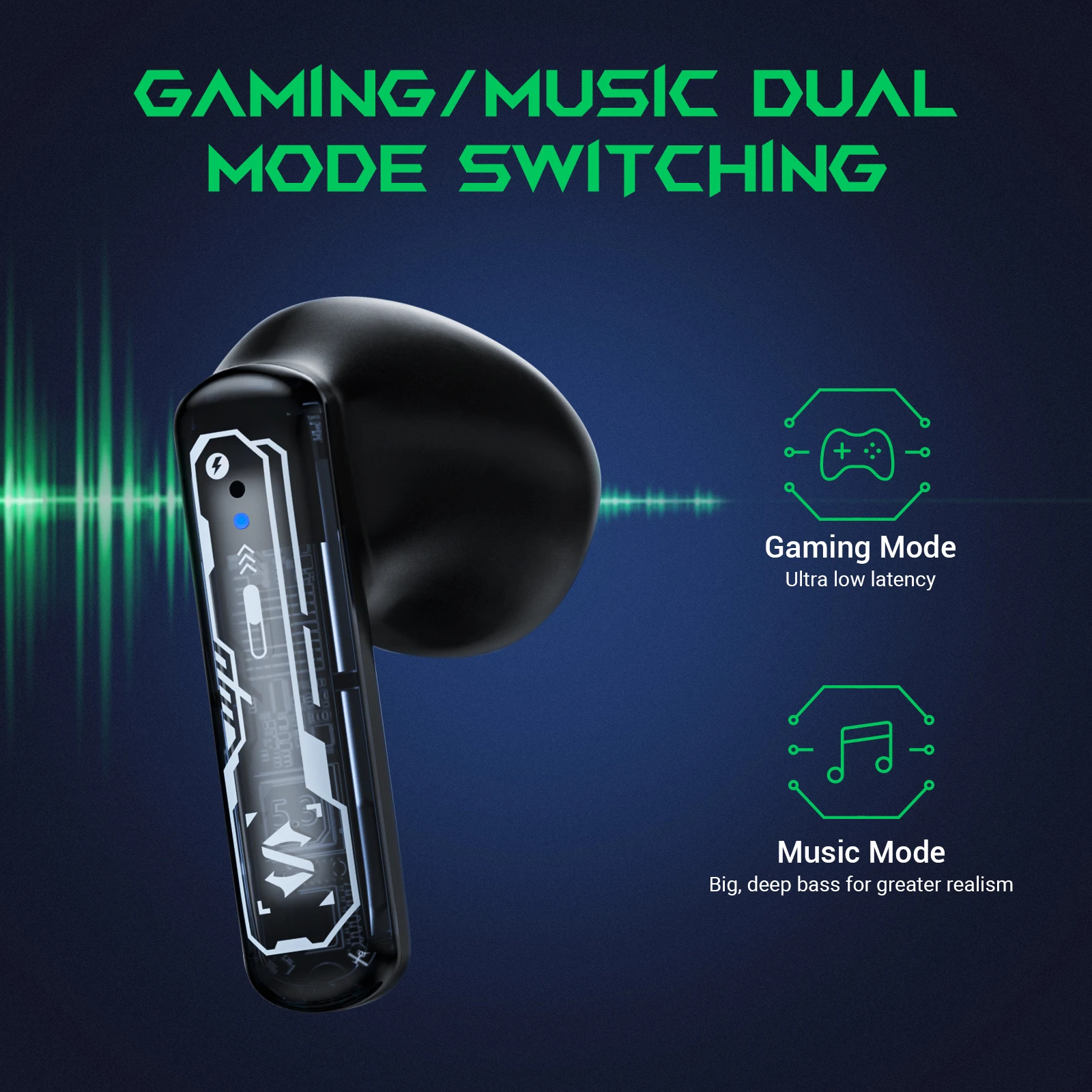 Black Shark Lucifer T15 True Wireless Gaming Earbuds, Bluetooth 5.3with Gaming/Music Mode, 30 Hours of Playtime