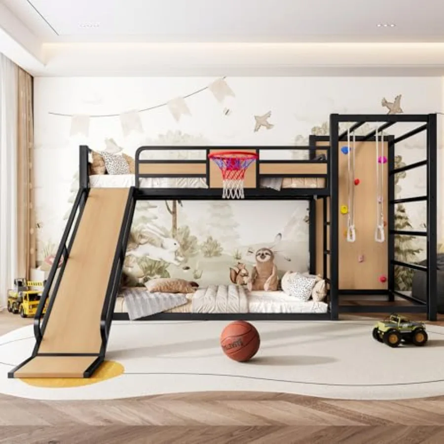 Metal Loft Bunk Bed with Basketball Hoop, Pull-Up Rings, Climbing Wall Built-in Bookshelves Playful'Bedroom Design with Slide,