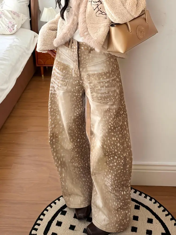 

Deeptown Vintage Animal Print Women Jeans Washed Distressed Embroidery Wide Leg Denim Trousers American Style Baggy Pants Casual