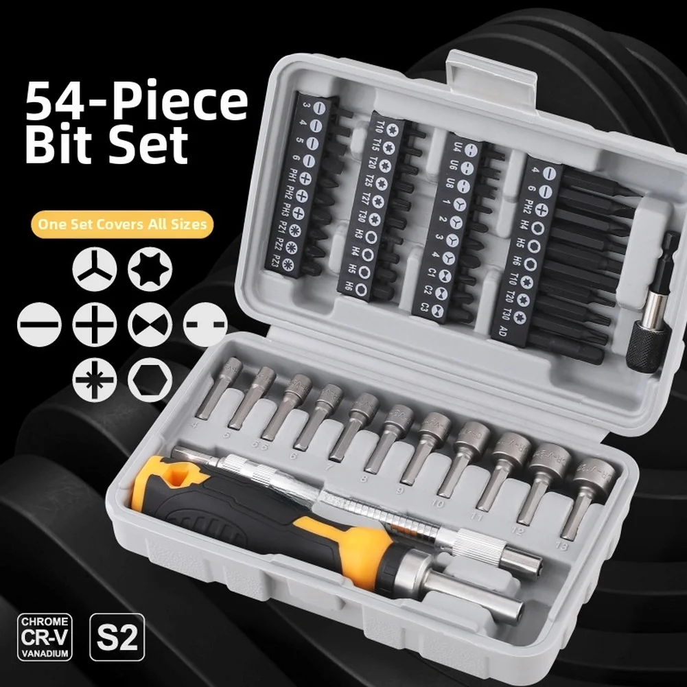 Chrome Vanadium 54-Piece Bit Screwdriver Set with 25mm and 50mm Bits Sockets 170mm Flexible Shaft and Ratcheting Handle