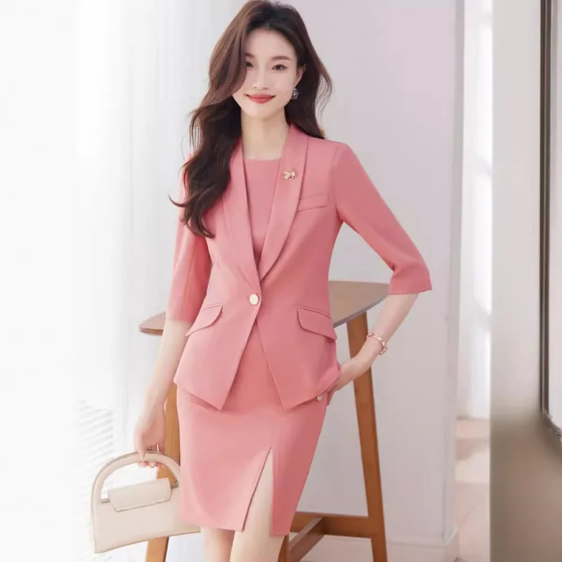 

Professional Commute Suit Suit Skirt for Women2024Summer Cropped Sleeves New TemperamentOLBusiness Suit and Dress Two-Piece Set