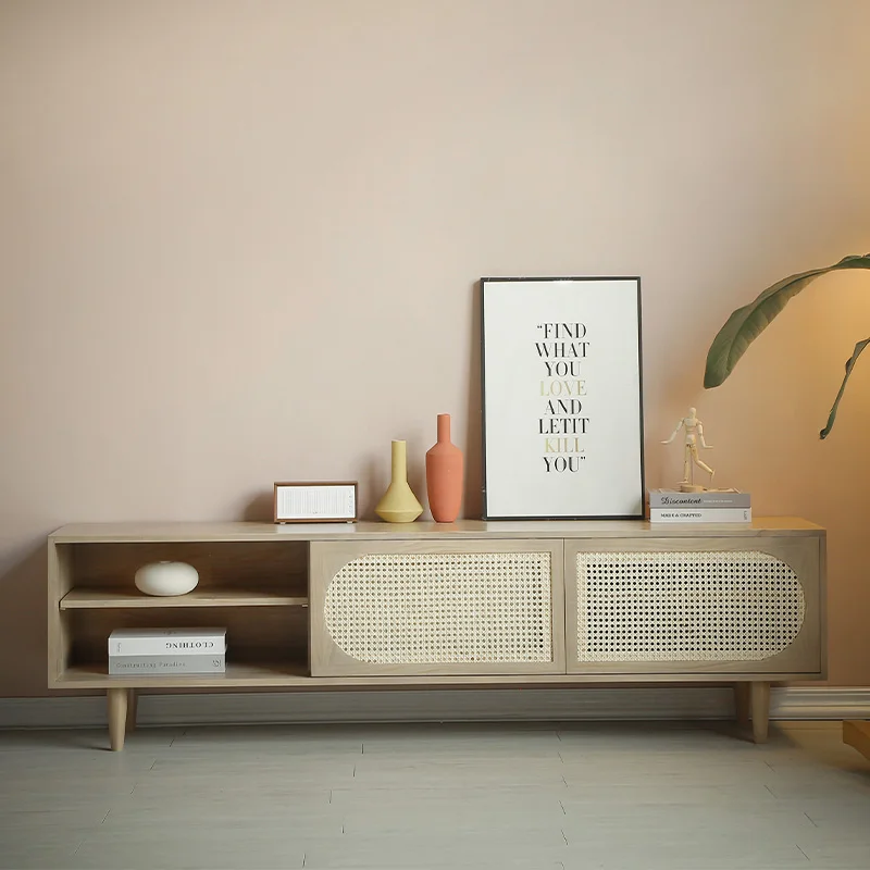 

​​Nordic Modern Wabi-Sabi Solid Wood TV Stand Italian Style Low Cabinet Small Space Rattan Storage Living Room Furniture FYTS​​