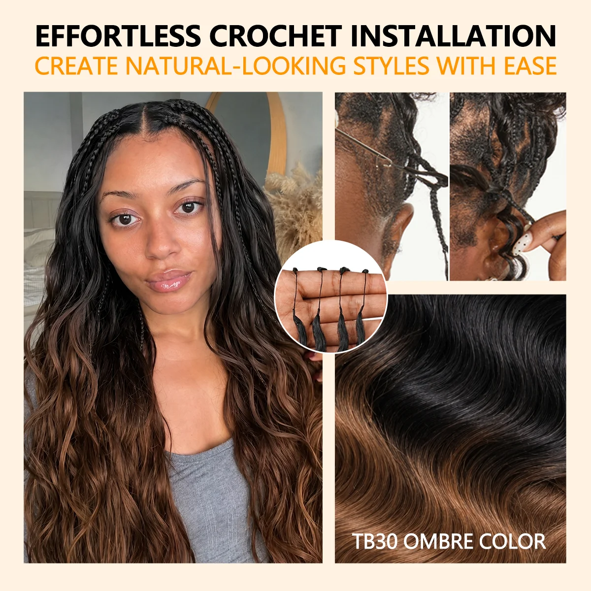 T1B/30 TB30 Ombre Highlight 12A Human Hair Body Wave Crochet Extensions Miracle Knots Feather Invisible Knotless Pre Separated Boho Braiding Hair Natural Look view 6