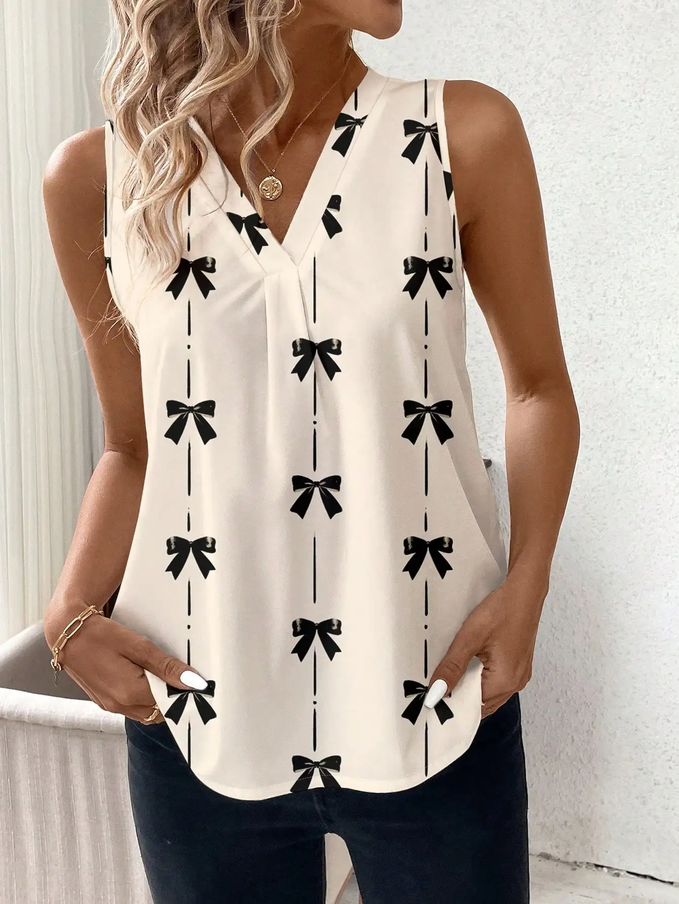 

Pop Women's Summer New Sleeveless Bow Tie Shirt V-neck Shirt Pullover