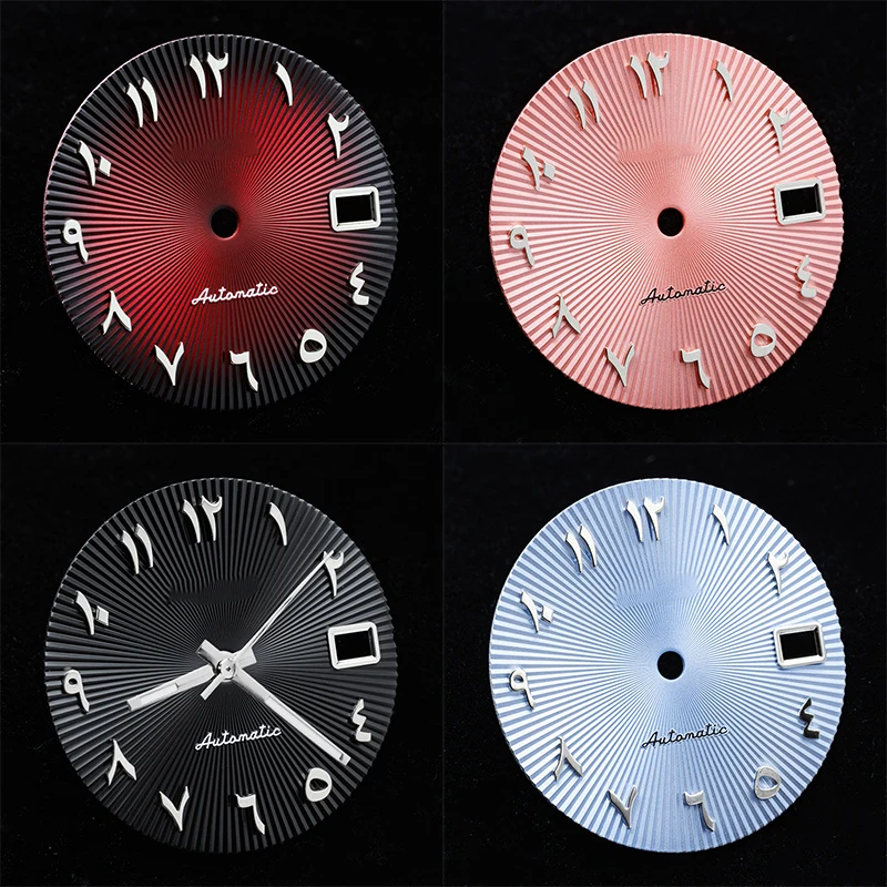 Циферблат часов 28,5 мм со стрелками, арабские цифры, радиальная текстура, Sunray, подходит для NH35 NH36, циферблаты, автоматический механизм