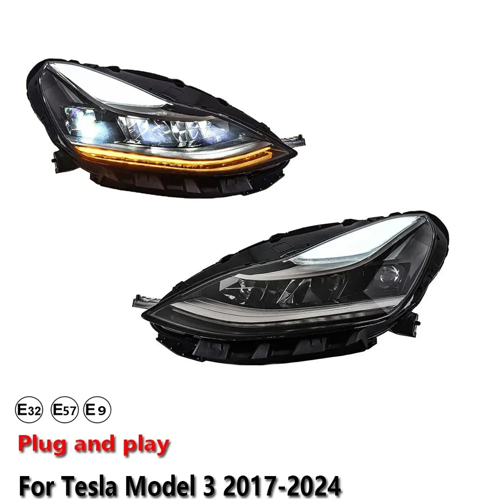 

KQX Car Accessories LED Headlight Light For Tesla Model 3 2017-2024 Projector Front Headlamp DRL Brake Turn Signal Lamp Plug & P