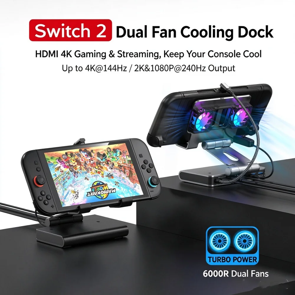 6 Port Type C Docking Station Cooling Fan Game Console Stand, 4K 144Hz HDMI2.1 PD100W Gigabit LAN Hub for Steam Deck, Switch 2