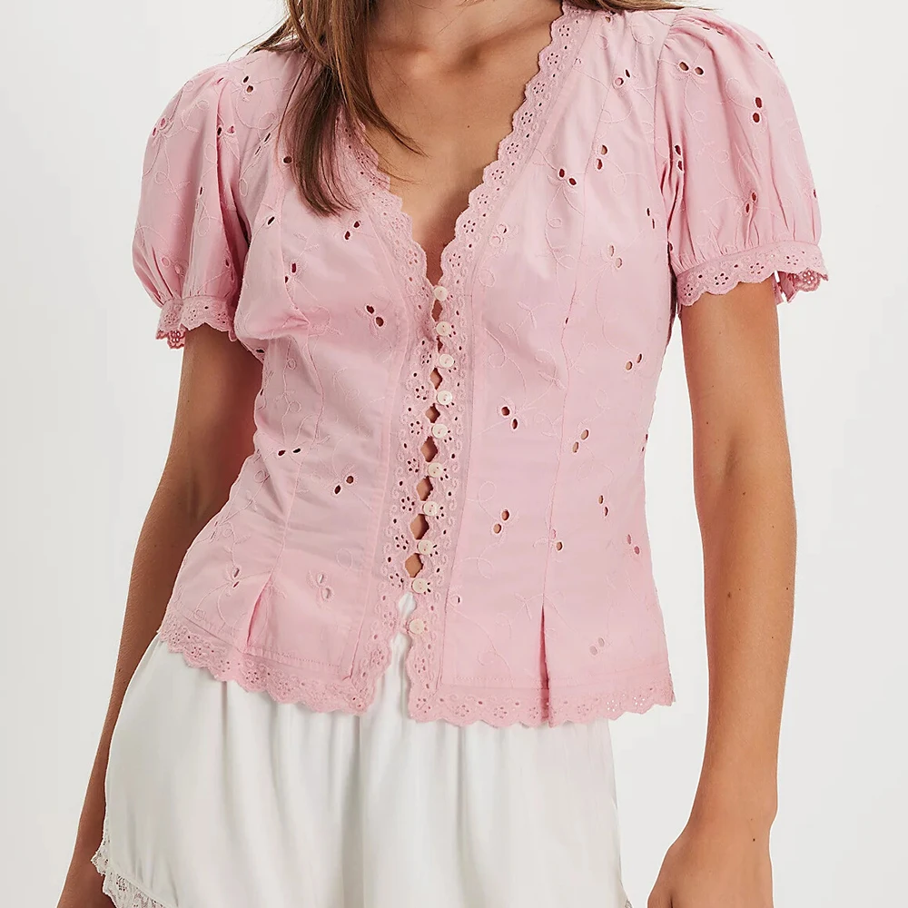 

Women Summer Puff Short Sleeve Embroidered Eyelet Peplum Blouse Button Up Smocked Babydoll Crop Tops Going Out Shirts Streetwear