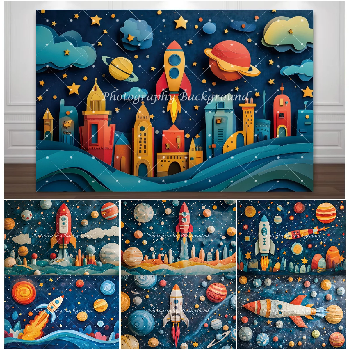 宇宙ロケット写真撮影の背景漫画宇宙船火星ベビーシャワー少年少女の誕生日パーティー写真撮影の背景デコ