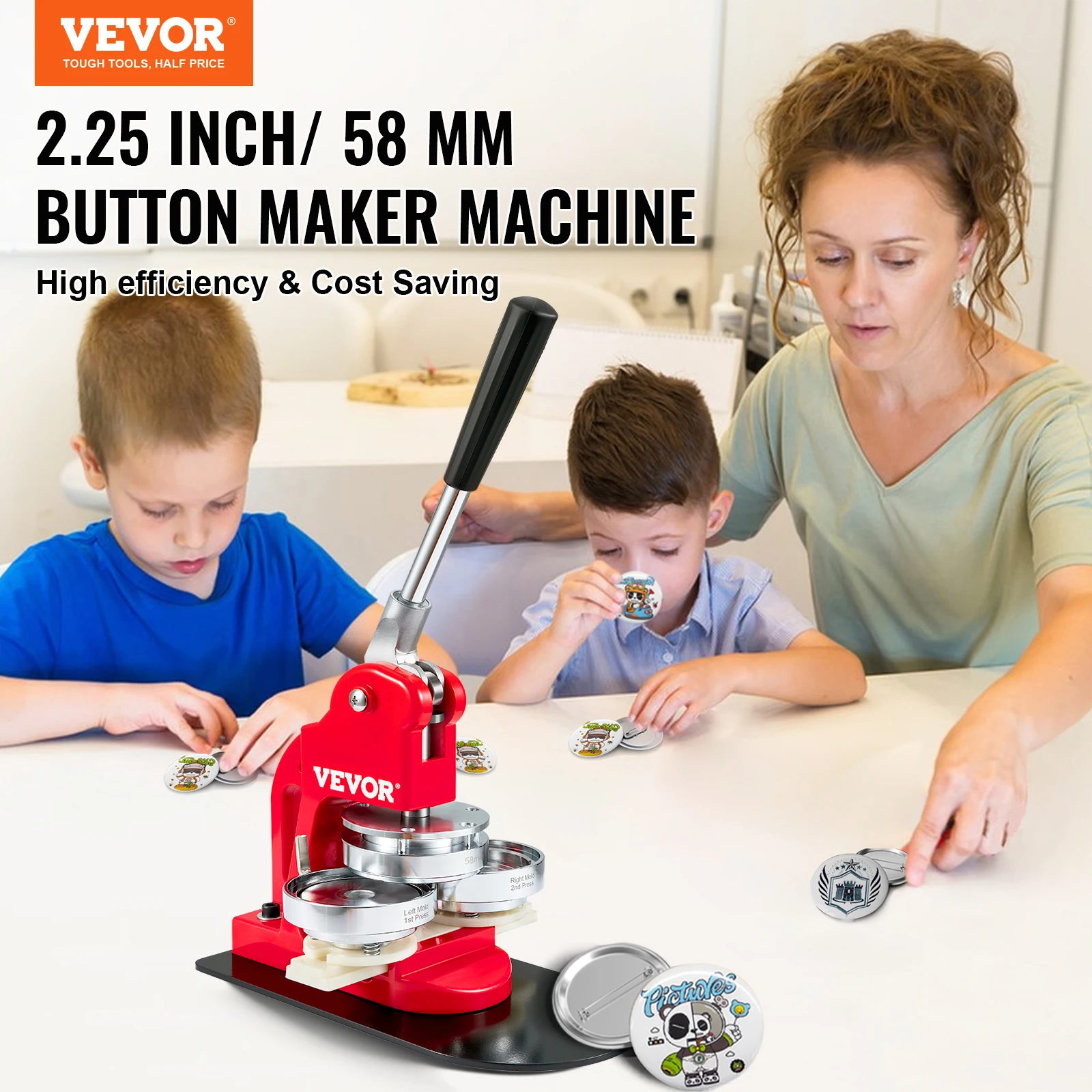 VEVOR Button Maker Machine 58mm Badge Punch Press Kit Children DIY Gifts Pin Maker Button Making Supplies w/500pcs Button Parts