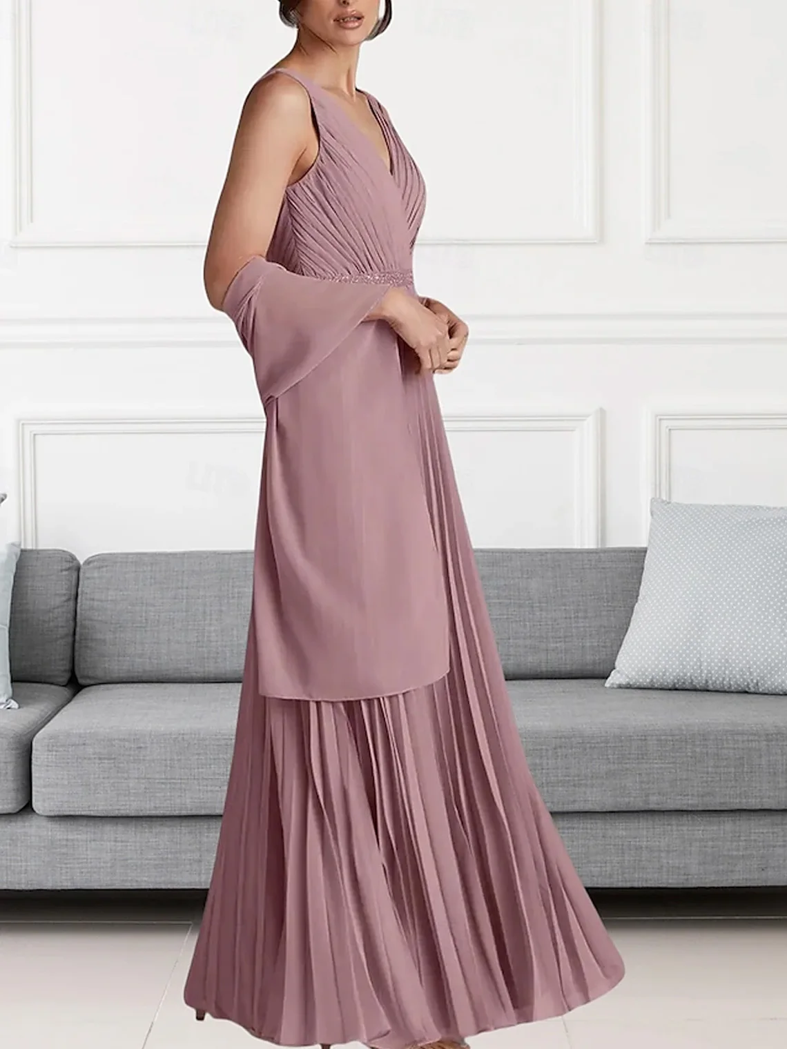 ElegantFashions A-Line Chiffon Prom Dress V Neck Floor Length Sleeveless Beading Formal Evening Gown 2025 free customized