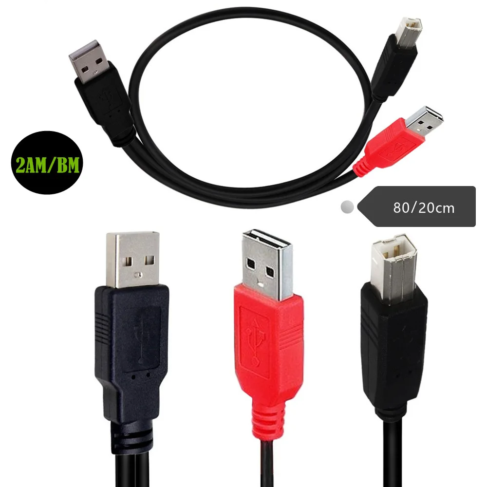 Dual USB 2.0 Male to Standard B Male Y Cable  for Printer & Scanner & External Hard Disk Drive Cable 80/20cm；