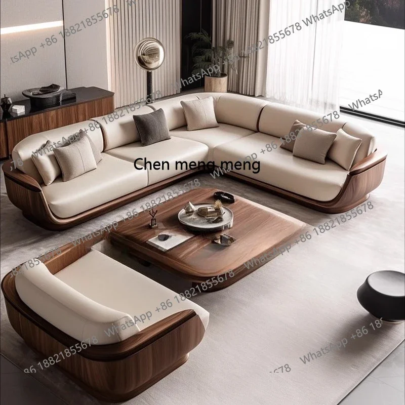 X Villa living room high-end first-layer cowhide sofa black walnut, first-layer cowhide sofa