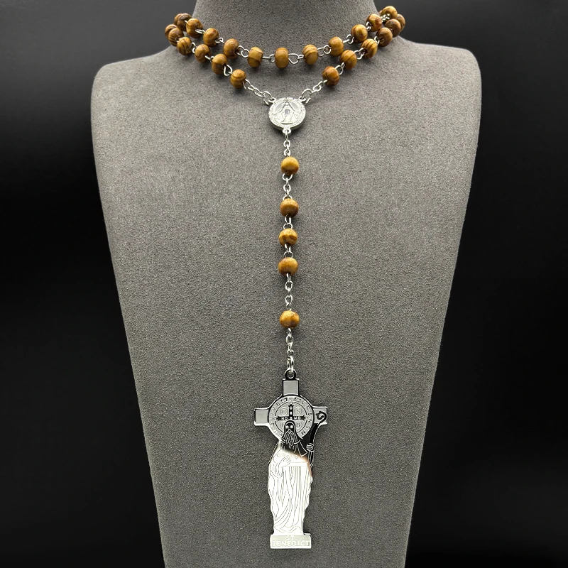 

Catholic Saint Benedict Cross Long Chain For Women Men Stainless Steel Silver Color Wood Prayer Beads Necklaces Jewelry Gifts