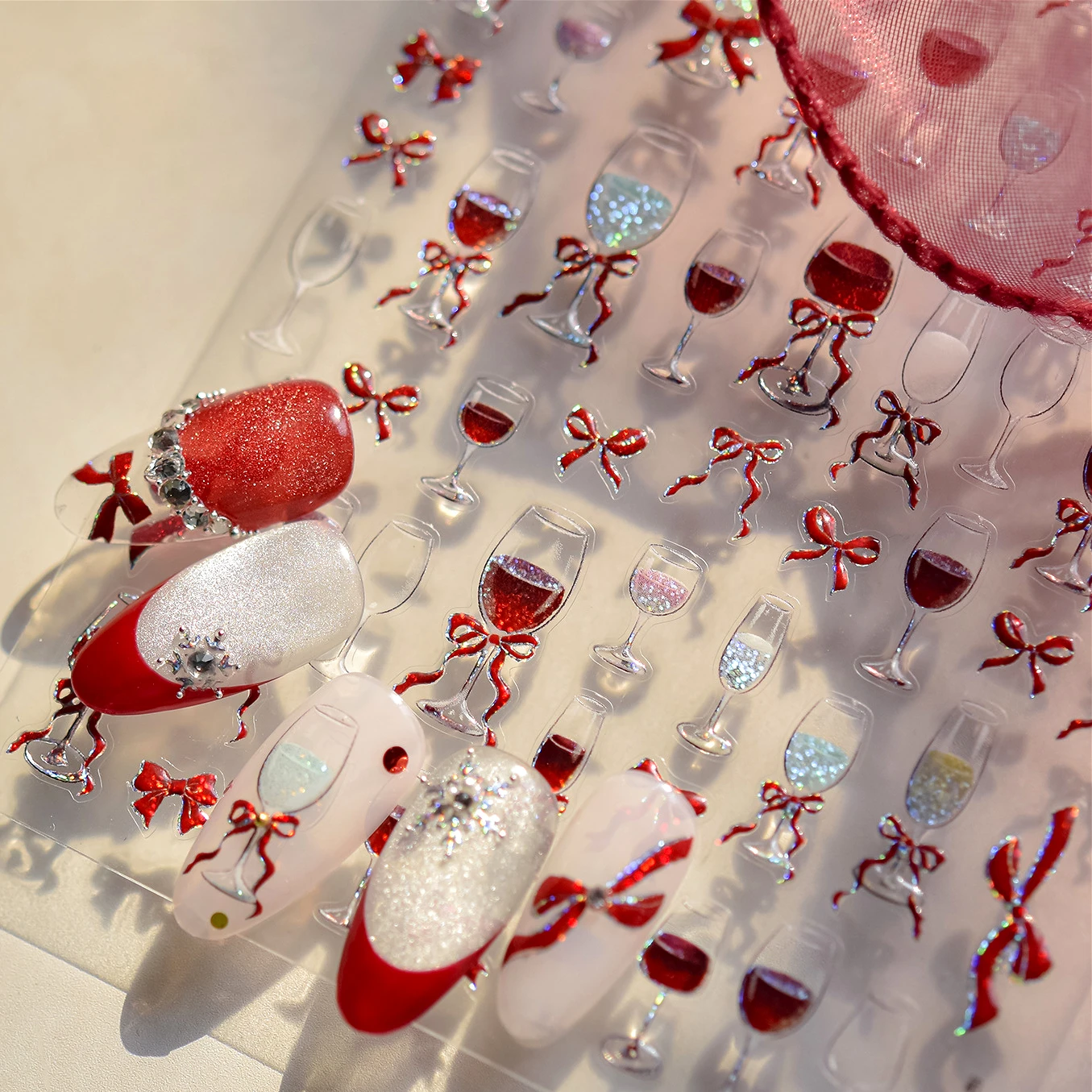 

Sexy Red Grape Wine Bowknot Cocktail Goblet Cup Soda Liquid Shiny Sparkling Self Adhesive Nail Art Stickers 3D Manicure Decals