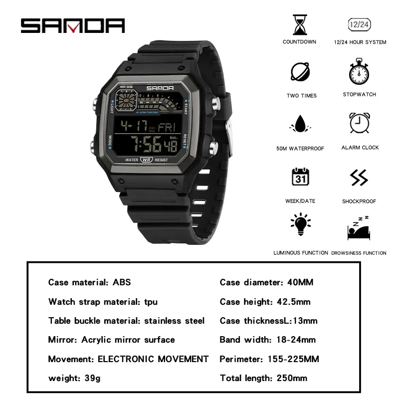 SANDA Men's Watch Lightweight fashion Square Outdoor Sports Electronics Wristwatch Waterproof Alarm Clock LED Digital Watches Re