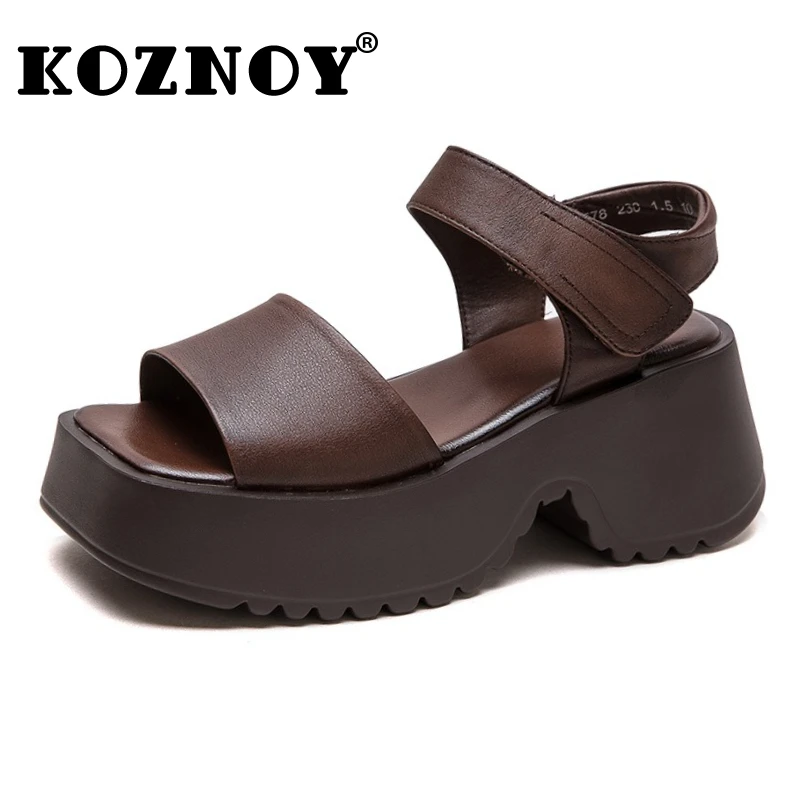 

Koznoy/сандалии из коровьей кожи 7 см, летние женские полые туфли-лодочки с открытым носком на плоской подошве, ботильоны на танкетке, обувь Мэри Джейн