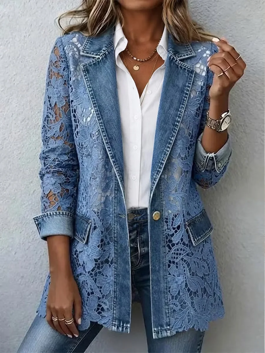 Vintage Ausgehöhlte Blumen-Spitzen-Denim-Jacke für Damen mit Reverskragen, Einzelknopf, Langen Ärmeln und Transparentem Casual-Blazer-Mantel
