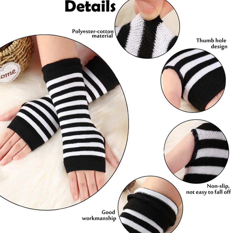New Winter Warm Long Sleeves Gloves for Man Women Fingerless Stripe Hip-Hop Punk Korea Knitted Elbow Mittens Elastic Warmer Arm
