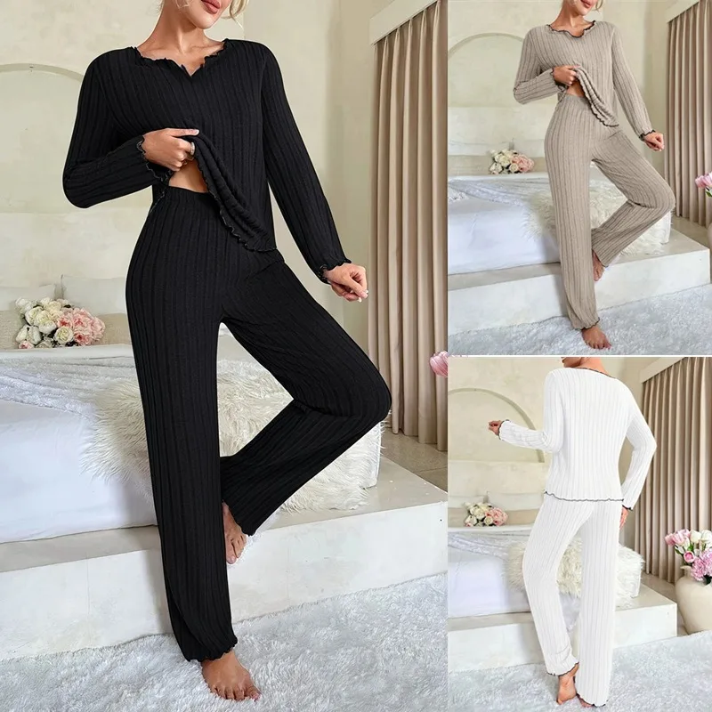 

Women's Knitted Warm Sleepwear Two-piece Casual Pajamas Set Long Sleeve T-shirt and Trousers Set Homewear Winter Loungewear