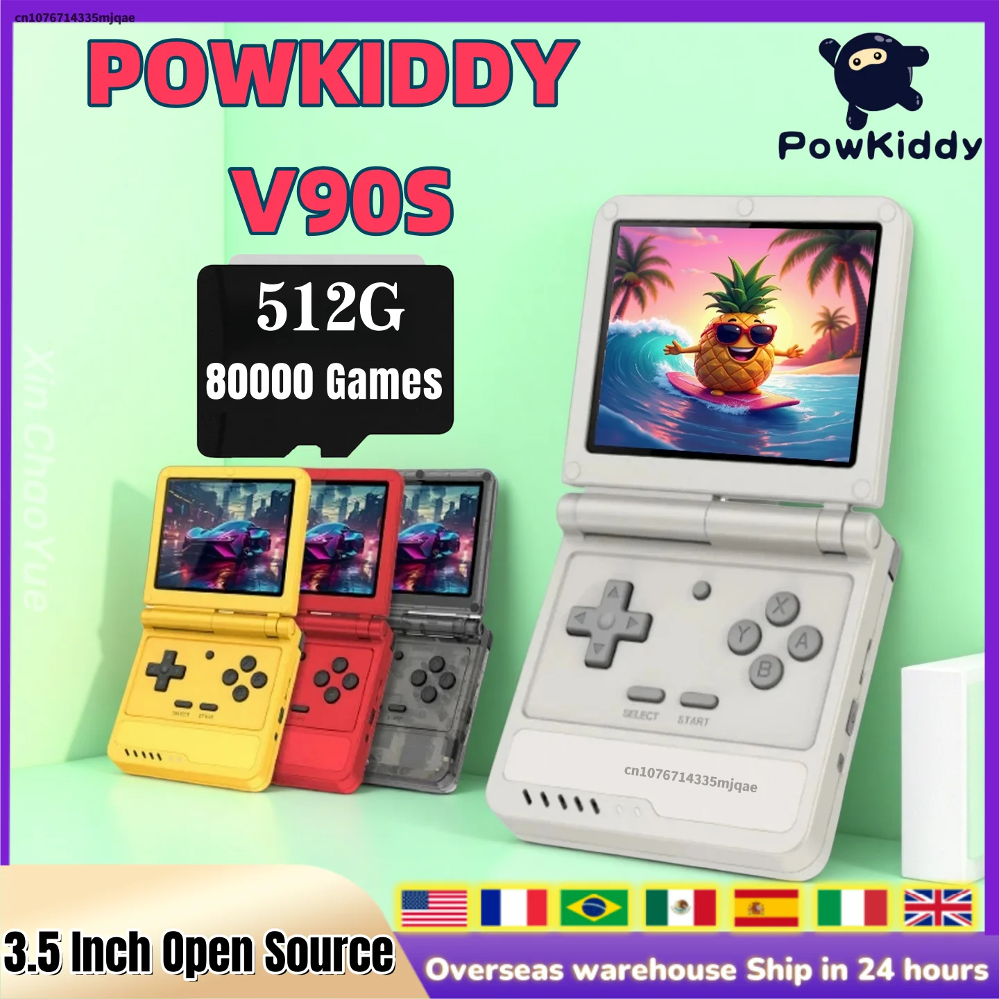 Powkiddy v90s retro flip console portátil duplo sistema aberto 3.5 Polegada 4:3 hd tela ips a133plus função de vibração presentes